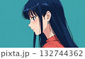 ターコイズブルー背景の黒髪ロングヘア女性の横顔アニメイラスト 132744362