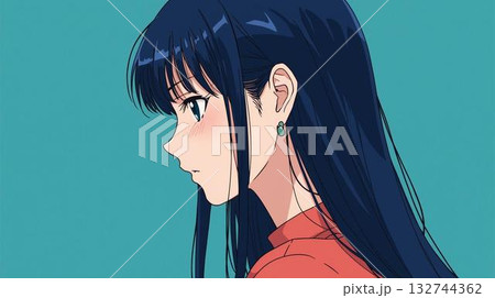 ターコイズブルー背景の黒髪ロングヘア女性の横顔アニメイラスト 132744362