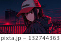赤いネオンに照らされた都市の屋上に立つキャップ姿の少女イラスト 132744363