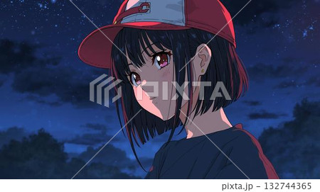 赤い帽子を被った少女が夜空を見上げる瞳の美しいアニメイラスト 赤い帽子を被った少女が夜空を見上げる瞳の美しいアニメイラスト 132744365