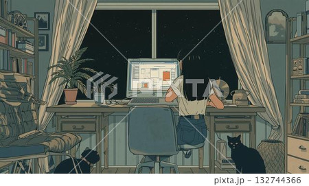 夜の書斎でデスクワークする女性と猫のいる温かな室内イラスト 132744366