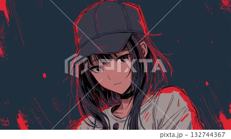 赤い縁取りが印象的なキャップを被った女性の漫画風イラスト 132744367