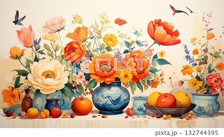 花と果物と花瓶のカラフルな静物デジタルアート 132744395