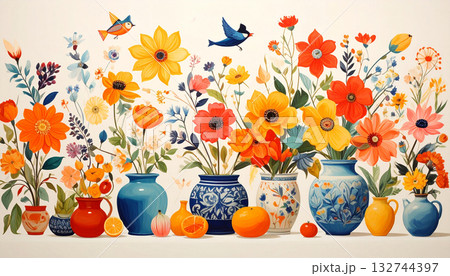 花と果物と花瓶のカラフルな静物デジタルアート 132744397