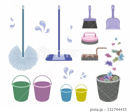 Home cleaning tools, brooms, mop and bucket. Equipment hygiene service. Recycle bin. Water drops and garbage. Isolated on white background. Set or collection. 132744435