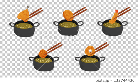 一套煎鍋及煎竹莢魚、馬鈴薯丸子、炸蝦、炸雞和魷魚圈。水彩風格手繪向量插圖。 132744436