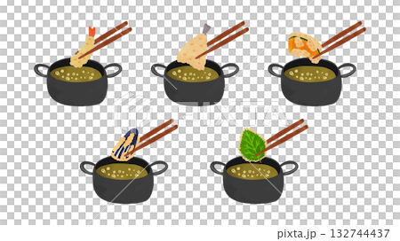 Deep fryer and shrimp tempura, sardine tempura, pumpkin tempura, eggplant tempura, and shiso leaf tempura. Watercolor-style hand-drawn vector illustration. Deep fryer and shrimp tempura, sardine tempura, pumpkin tempura, eggplant tempura, and shiso leaf tempura. Watercolor-style hand-drawn vector illustration. 132744437