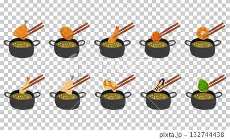 煎鍋和炸天婦羅套裝。水彩風格手繪向量插圖 132744438