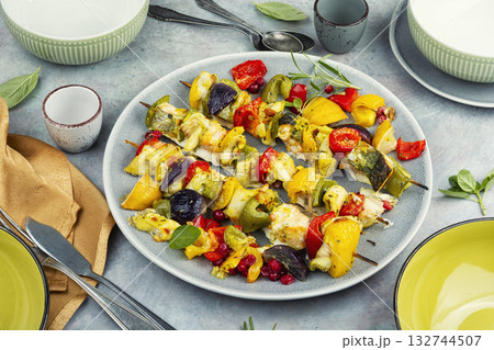 Fish skewers on a BBQ, seafood. 132744507