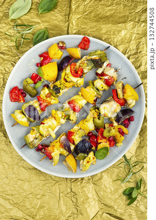 Fish skewers on a BBQ, seafood. Fish skewers on a BBQ, seafood. 132744508