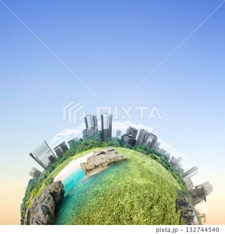 View of a city skyline with a tropical beach landscape forming a unique globe. Concept of travel View of a city skyline with a tropical beach landscape forming a unique globe. Concept of travel 132744540