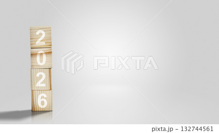 Stack of wooden cubes with the number 2026 on a white background. Happy New Year concept or Celebration 132744561