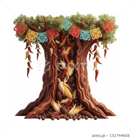 World Food Day theme featuring mesquite leaves and natural wood from the Mexican highlands, celebrating ancestral food traditions, sustainable nourishment, and native desert tree heritage 132744688