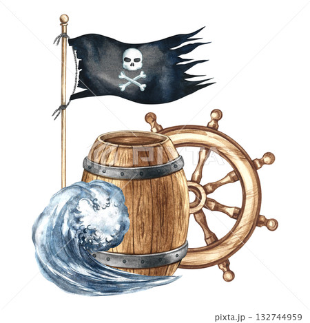 Pirate theme. Wooden barrel, pirate flag, and ship's wheel. Hand-drawn watercolor illustrations. For children's games and celebrations. For stickers, posters, banners, packaging, and more. Pirate theme. Wooden barrel, pirate flag, and ship's wheel. Hand-drawn watercolor illustrations. For children's games and celebrations. For stickers, posters, banners, packaging, and more. 132744959