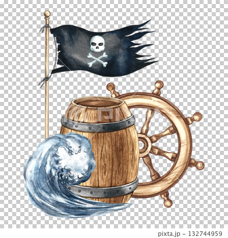 Pirate theme. Wooden barrel, pirate flag, and ship's wheel. Hand-drawn watercolor illustrations. For children's games and celebrations. For stickers, posters, banners, packaging, and more. Pirate theme. Wooden barrel, pirate flag, and ship's wheel. Hand-drawn watercolor illustrations. For children's games and celebrations. For stickers, posters, banners, packaging, and more. 132744959