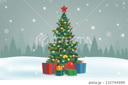 Christmas tree with decorations and gift boxes. Holiday background. Merry Christmas and Happy New Year. Vector Christmas tree with decorations and gift boxes. Holiday background. Merry Christmas and Happy New Year. Vector 132744999