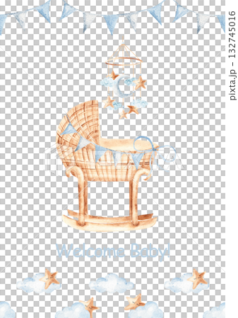 Watercolor baby shower invitation for a baby boy with wicker cradle, moon and stars mobile, and blue bunting, clouds and stars border. Ideal for newborn celebration. Watercolor baby shower invitation for a baby boy with wicker cradle, moon and stars mobile, and blue bunting, clouds and stars border. Ideal for newborn celebration. 132745016