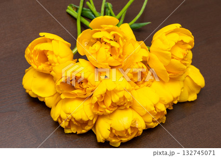 beautiful yellow tulips, big bouquet 132745071