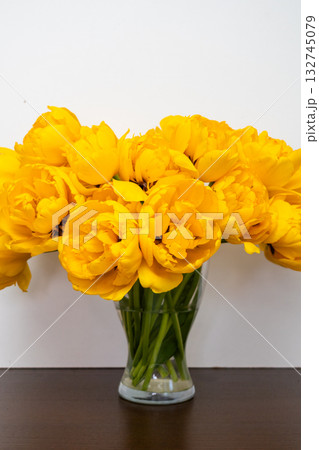beautiful yellow tulips, big bouquet 132745079