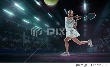 Female tennis player extended stance defensive position indoor 3D match court Female tennis player extended stance defensive position indoor 3D match court 132745097