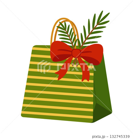 Festive Green gift bag with spruce branch and red bow. flat style isolated. Festive Green gift bag with spruce branch and red bow. flat style isolated. 132745339