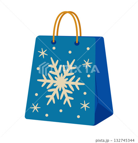Christmas Blue gift bag with a white snowflake. Hand drawn trendy flat style isolated 132745344