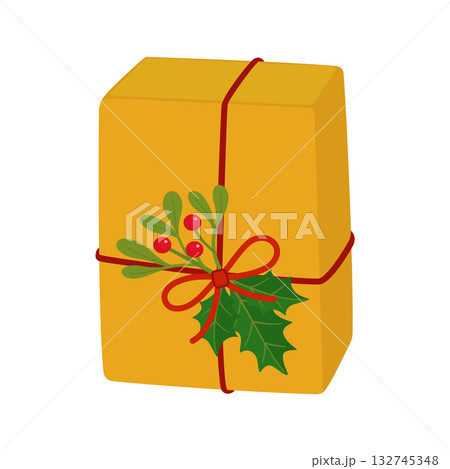 Yellow Christmas gift box with red ribbon and mistletoe branch. flat vector illustration 132745348