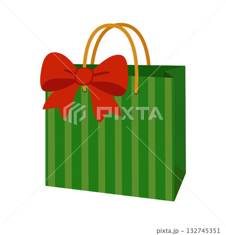 Festive Green gift bag with red bow. flat style isolated. 132745351