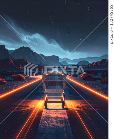A single, empty, glowing shopping cart races at impossible speed across a desolate, dark, stylized landscape. A single, empty, glowing shopping cart races at impossible speed across a desolate, dark, stylized landscape. 132745565