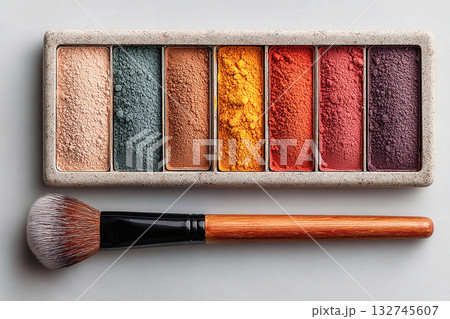 Perfect for sleek design-focused cosmetic advertisements. Flat lay of makeup brush placed next to a color palette on white background. 132745607