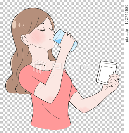Illustration of a woman drinking supplements Illustration of a woman drinking supplements 132745689