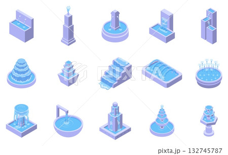 Isometric city fountain. Stone bowls with water, urban architecture elements for garden, park, squares. Decorative fountains for drink, nifty vector set 132745787