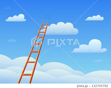 Ladder to cloud. Wooden high staircase in blue sky. The path to dream or fantasy, to be in clouds, to achieve more at work. Metaphor sapid vector background 132745792