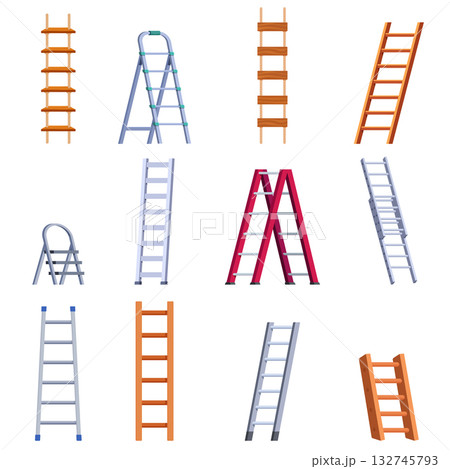 Step ladders. Cartoon ladder, wooden and metal stairways. Various staircase for apartment home renovation, household equipment sapid vector set 132745793