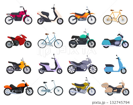 Motorbike and cycles side view. Scooter, bicycle and motorcycles icons. Transport for travel, city delivery and sport motocross, sapid vector set Motorbike and cycles side view. Scooter, bicycle and motorcycles icons. Transport for travel, city delivery and sport motocross, sapid vector set 132745794
