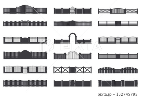 Black fences. Gates, fence and entries arches isolated silhouettes. Decorative stickers templates, garden elements for cutting, sapid vector set 132745795