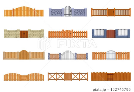 Cartoon fences. Wooden stone fence, gates and wickets for entering and exiting park, garden yard. Gateways outdoor exterior design, sapid vector set 132745796
