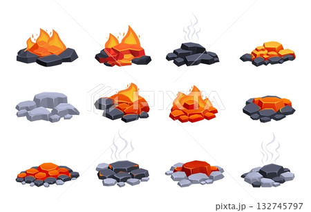 Cartoon burning charcoals. Burn and extinguished coal with smoke. Red hot stones, coals for barbeque or fireplace, campfire on nature, sapid vector set 132745797