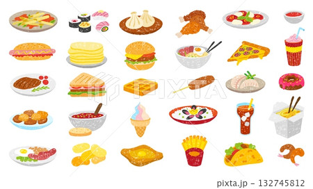 Hand drawn food. Crayon drawing meals, street home delicious eat. Chalk style icons pizza seafood rice dumplings pancakes eggs, neoteric vector set Hand drawn food. Crayon drawing meals, street home delicious eat. Chalk style icons pizza seafood rice dumplings pancakes eggs, neoteric vector set 132745812