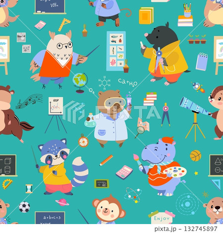 Animal teacher seamless pattern. Education elements, teachers and scientists, school or college characters. Childish print template, nowaday vector background Animal teacher seamless pattern. Education elements, teachers and scientists, school or college characters. Childish print template, nowaday vector background 132745897