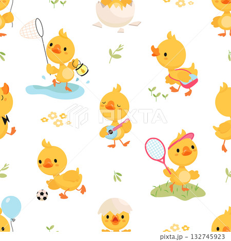 Yellow ducklings seamless pattern. Funny duckling characters, children design. Cute print with tiny cartoon ducks for fabric, wallpaper, nowaday vector background 132745923
