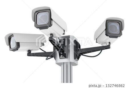 Security surveillance cameras mounted on a metal pole, facing different directions. 3D rendering Security surveillance cameras mounted on a metal pole, facing different directions. 3D rendering 132746862