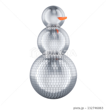 Snowman made of disco balls with carrot nose, 3D rendering Snowman made of disco balls with carrot nose, 3D rendering 132746863