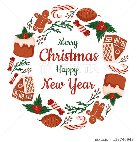 Festive Christmas and New Year wreath with gingerbread cookie, candy cane, pine cone and holiday decoration on a white background in flat style. Festive Christmas and New Year wreath with gingerbread cookie, candy cane, pine cone and holiday decoration on a white background in flat style. 132746948