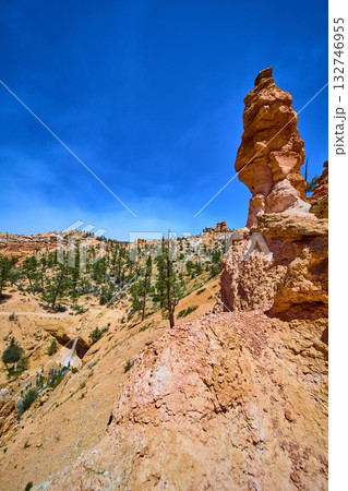 Hoodoo Rock Formation and Waterfall on Mossy Cave Trail with Pine Trees Under Blue Sky 132746955