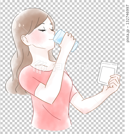 水彩插畫，描繪了一位女性正在服用營養補充劑。 132746997