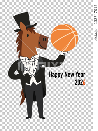 2026年馬年新年賀卡插圖,描繪了一匹穿著燕尾服、手拿籃球的可愛小馬。 2026年馬年新年賀卡插圖,描繪了一匹穿著燕尾服、手拿籃球的可愛小馬。 132747012