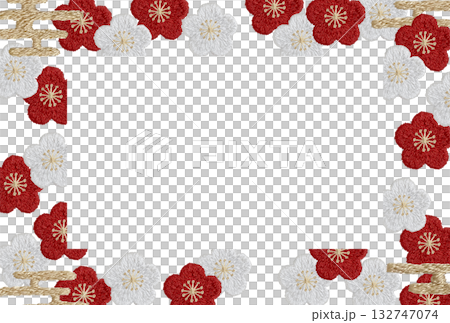 [Plum blossom square frame] Hand-embroidered illustration material 132747074