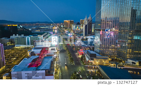 Aerial Las Vegas Strip Neon Skyline and Hotels at Golden Hour 132747127