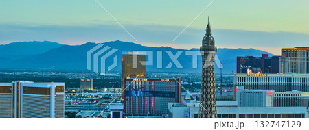 Aerial Las Vegas Strip Panorama with Eiffel Tower and Iconic Hotels at Golden Hour 132747129